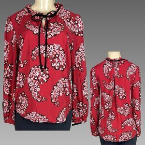 St. John's Bay S Red Floral Tie Keyhole Neckline Curved Hem Long Sleeve Blouse